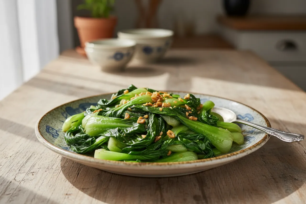 Stir-Fried Bok Choy with Garlic — a low-calorie dinner chinese recipe with about 4g of fiber