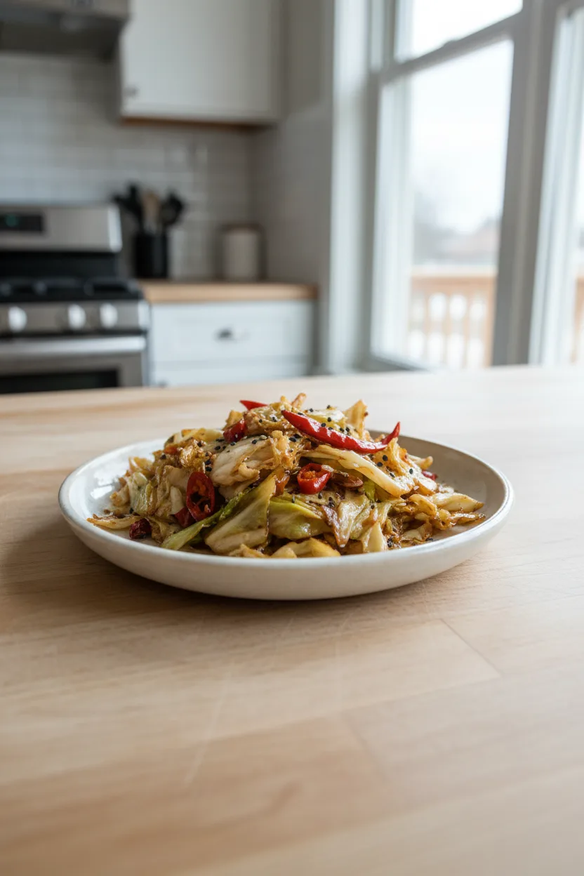 Vinegar Stir-Fried Cabbage — Chinese recipe, finished and plated