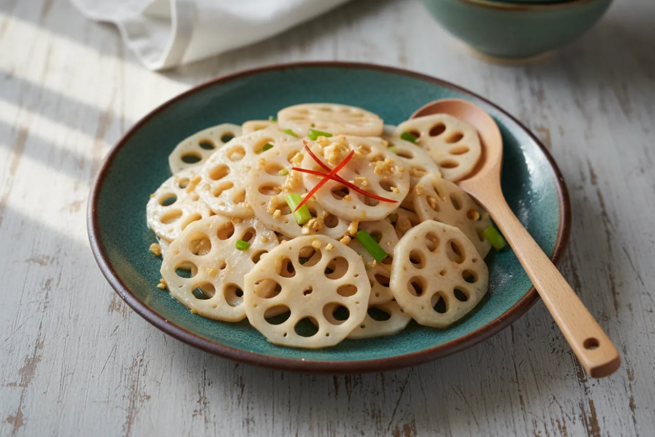 Stir-Fried Lotus Root — Chinese recipe, finished and plated