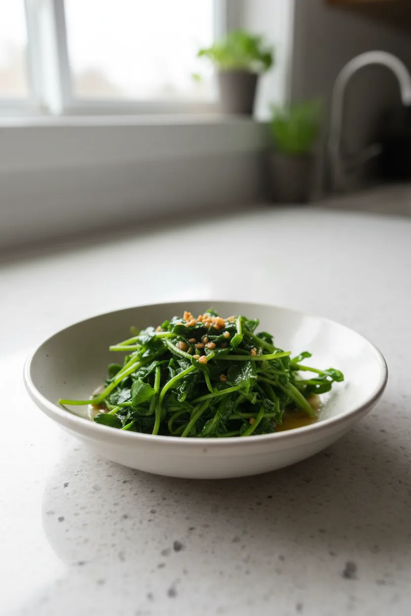 Garlic Pea Shoots — Chinese recipe, finished and plated