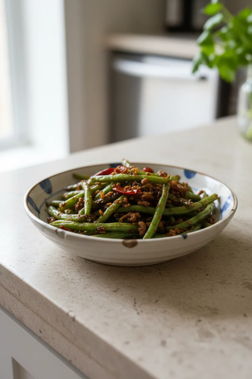 Sichuan Dry-Fried Beans — Chinese recipe, finished and plated