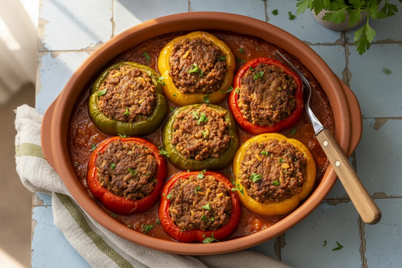 Biber Dolmasi (Turkish Stuffed Peppers with Lamb) — Mediterranean recipe, finished and plated