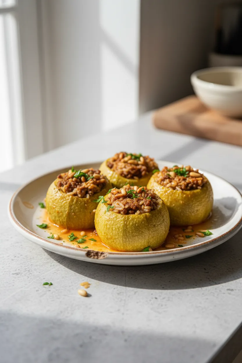 Kousa Mahshi (Stuffed Zucchini with Rice and Pine Nuts) — Mediterranean recipe, finished and plated