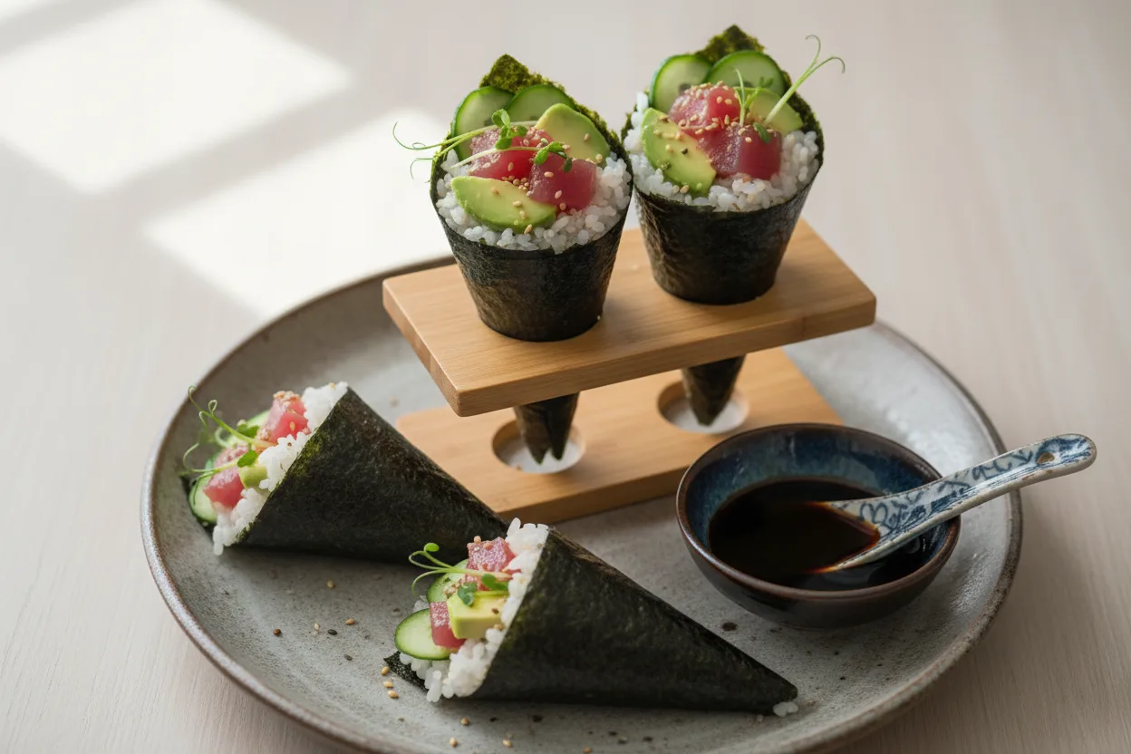 Temaki Sushi (Hand Rolls) — Japanese recipe, finished and plated