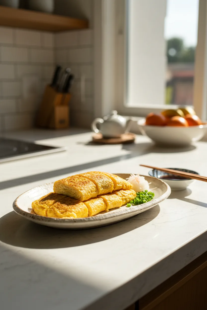Tamagoyaki — Japanese recipe, finished and plated