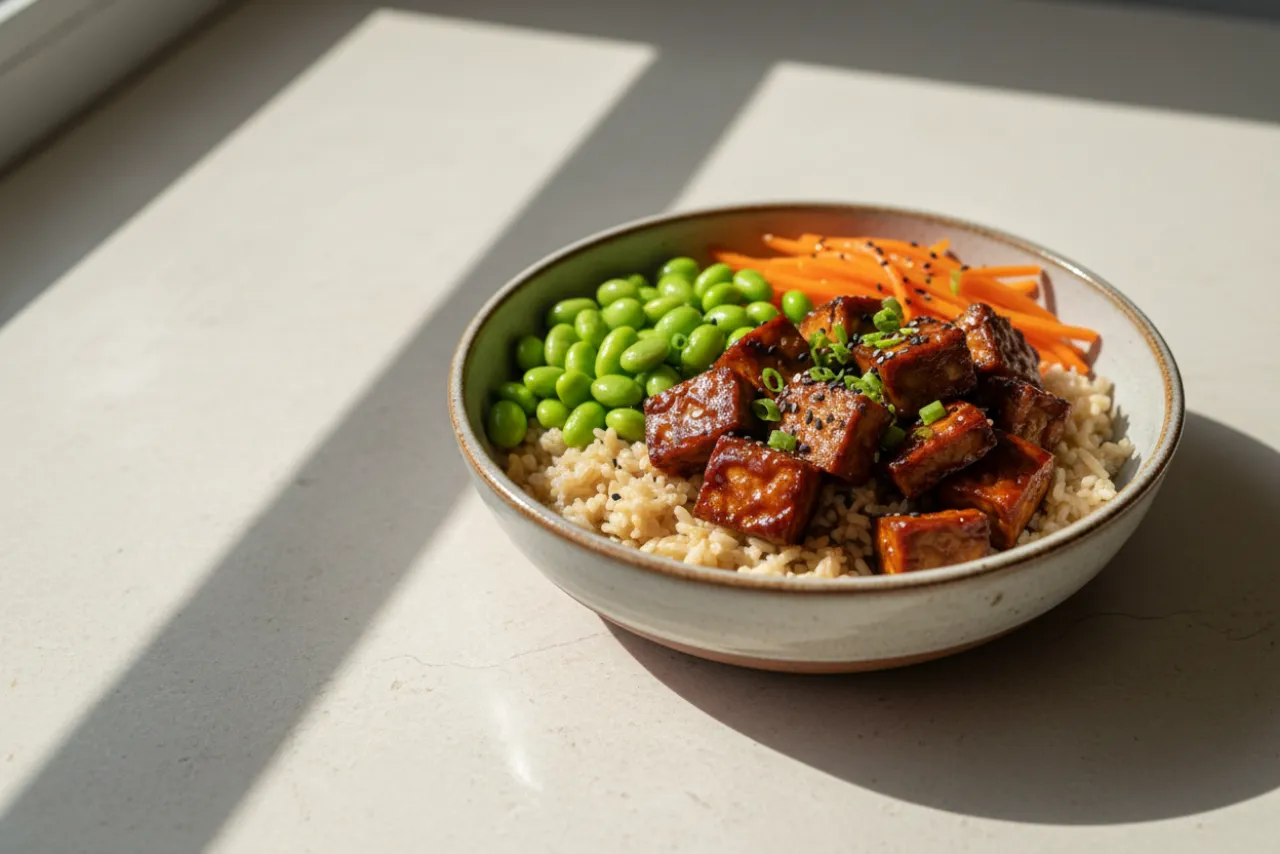 Maple-Soy Tempeh Grain Bowl — a high-protein tofu japanese recipe with about 8g of fiber
