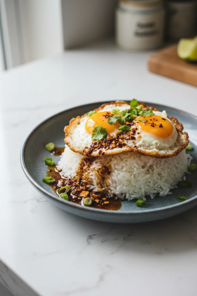 Chili Oil Egg Rice (Khai Dao) — Thai recipe, finished and plated
