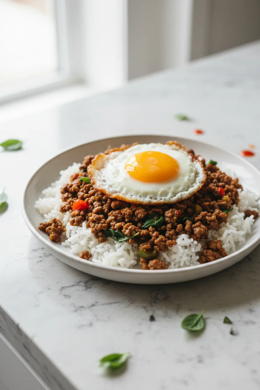 Pad Kra Pao with Beef (Pantry Version) — Thai recipe, finished and plated