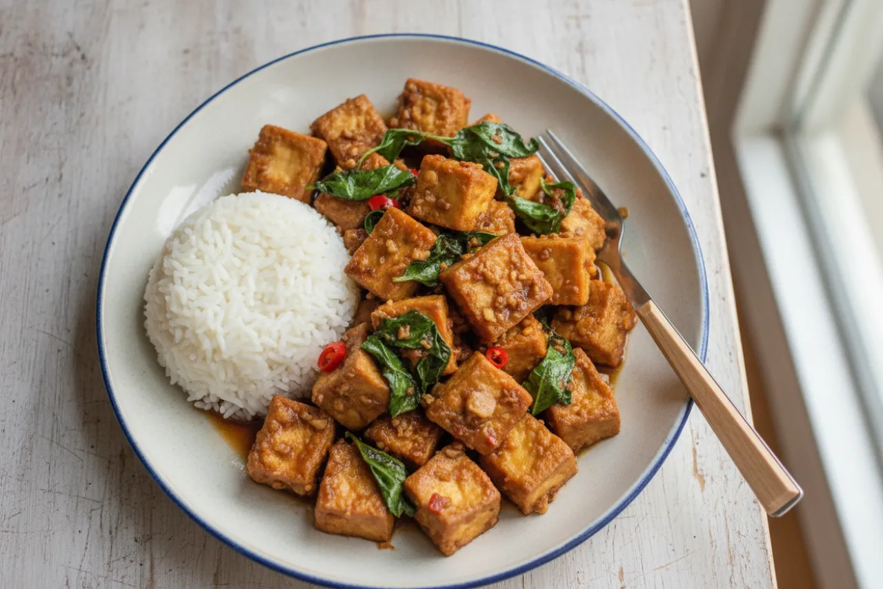 Thai Basil Tofu — a high-protein tofu thai recipe with about 3g of fiber