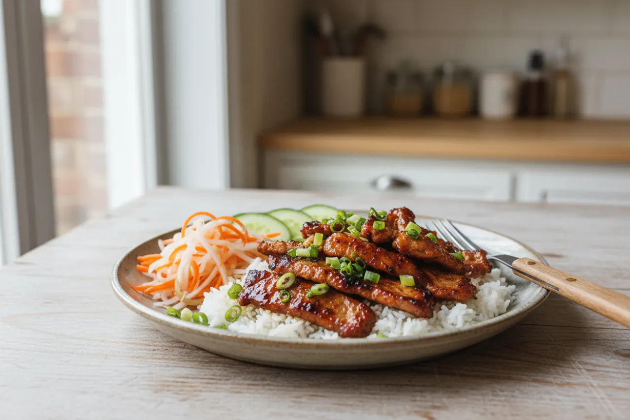 Thit Nuong Com (Vietnamese Lemongrass Pork over Rice) — a meal prep vietnamese recipe with about 4g of fiber