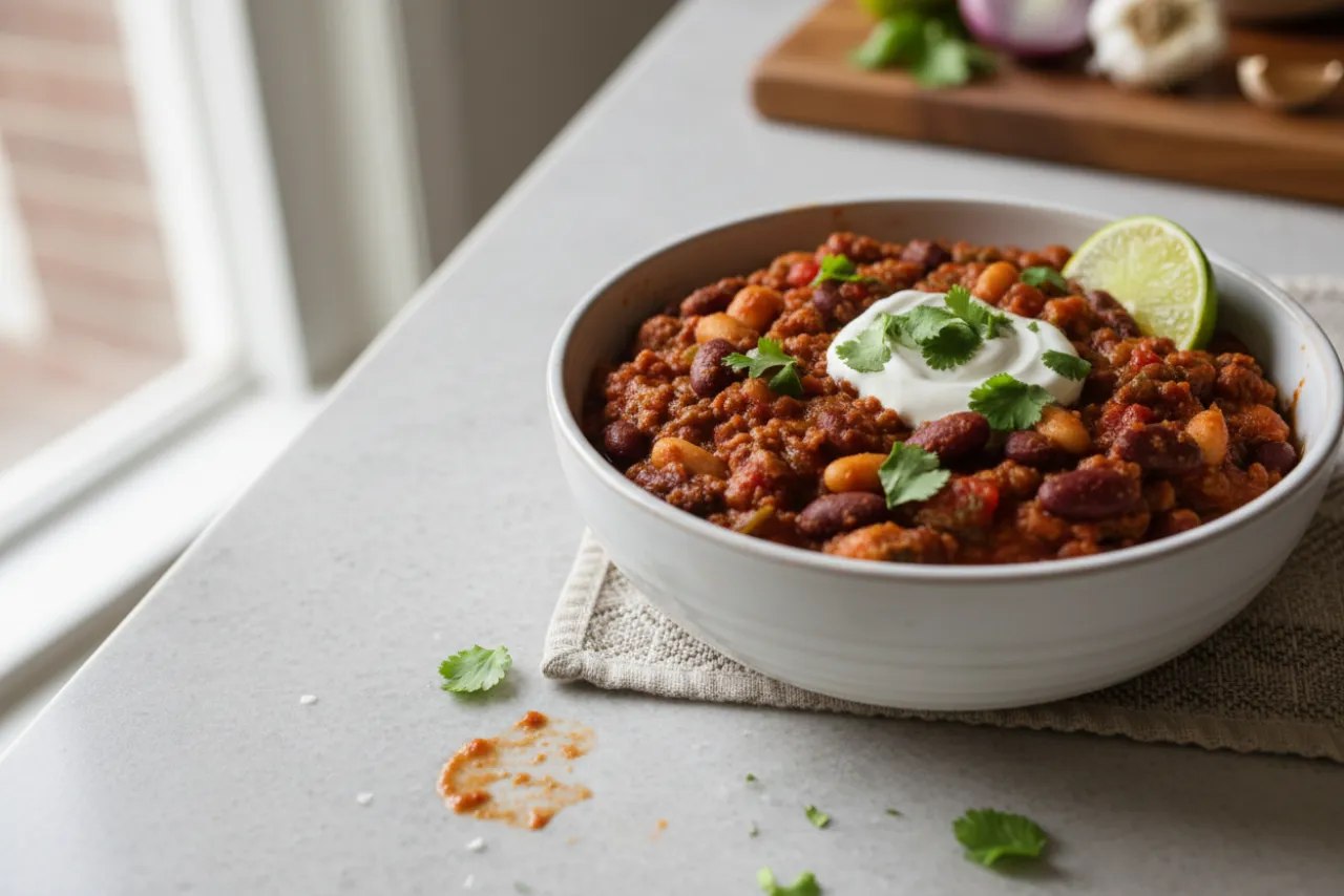 Three-Bean Chili — a high-protein vegan mexican recipe with about 19g of fiber