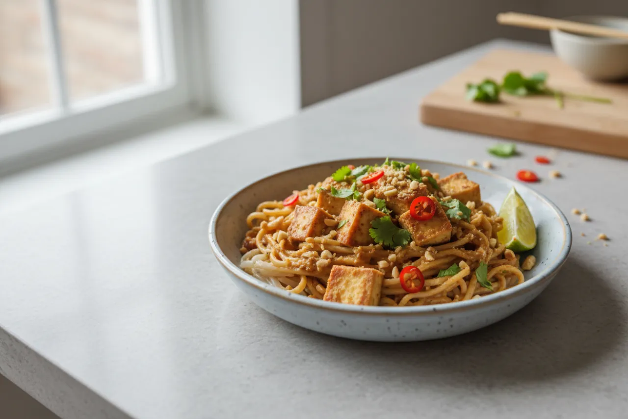 Tofu Peanut Noodles — a 30-minute thai recipe with about 5g of fiber
