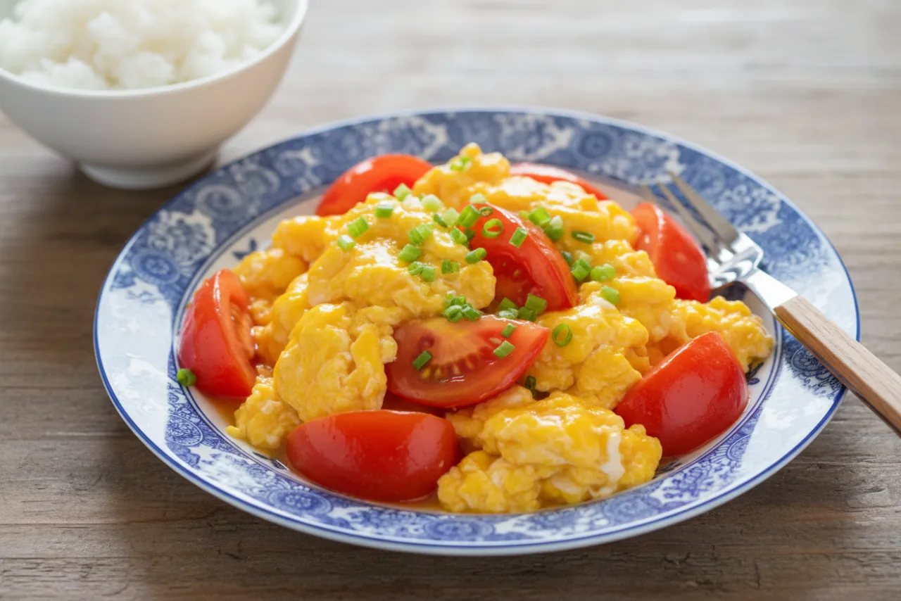 Chinese Tomato and Egg — a low-calorie dinner chinese recipe with about 2g of fiber