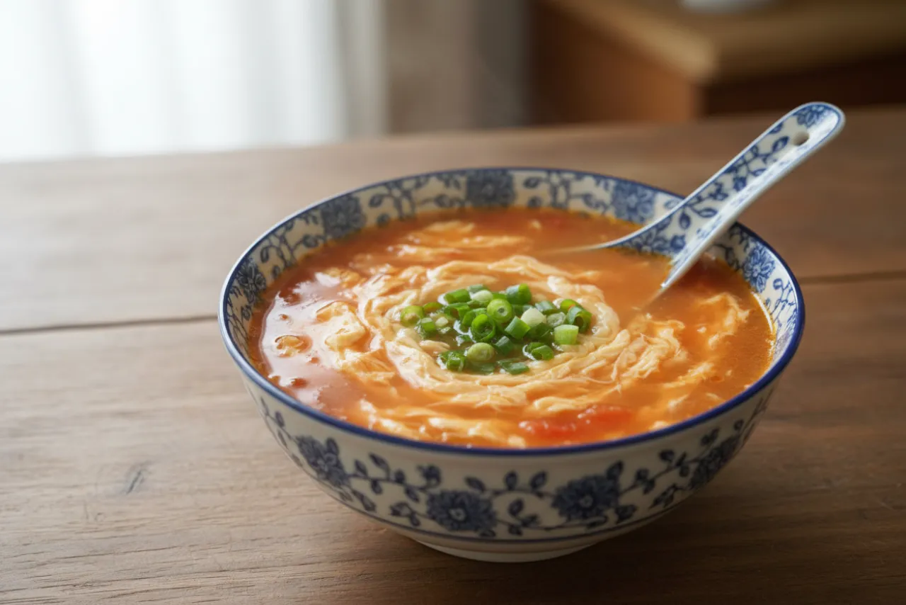 Tomato Egg Drop Soup — Chinese recipe, finished and plated