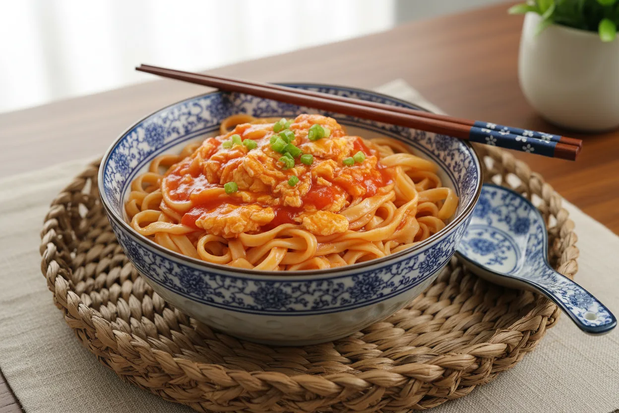 Tomato and Egg Noodles — a high-protein egg chinese recipe with about 3g of fiber