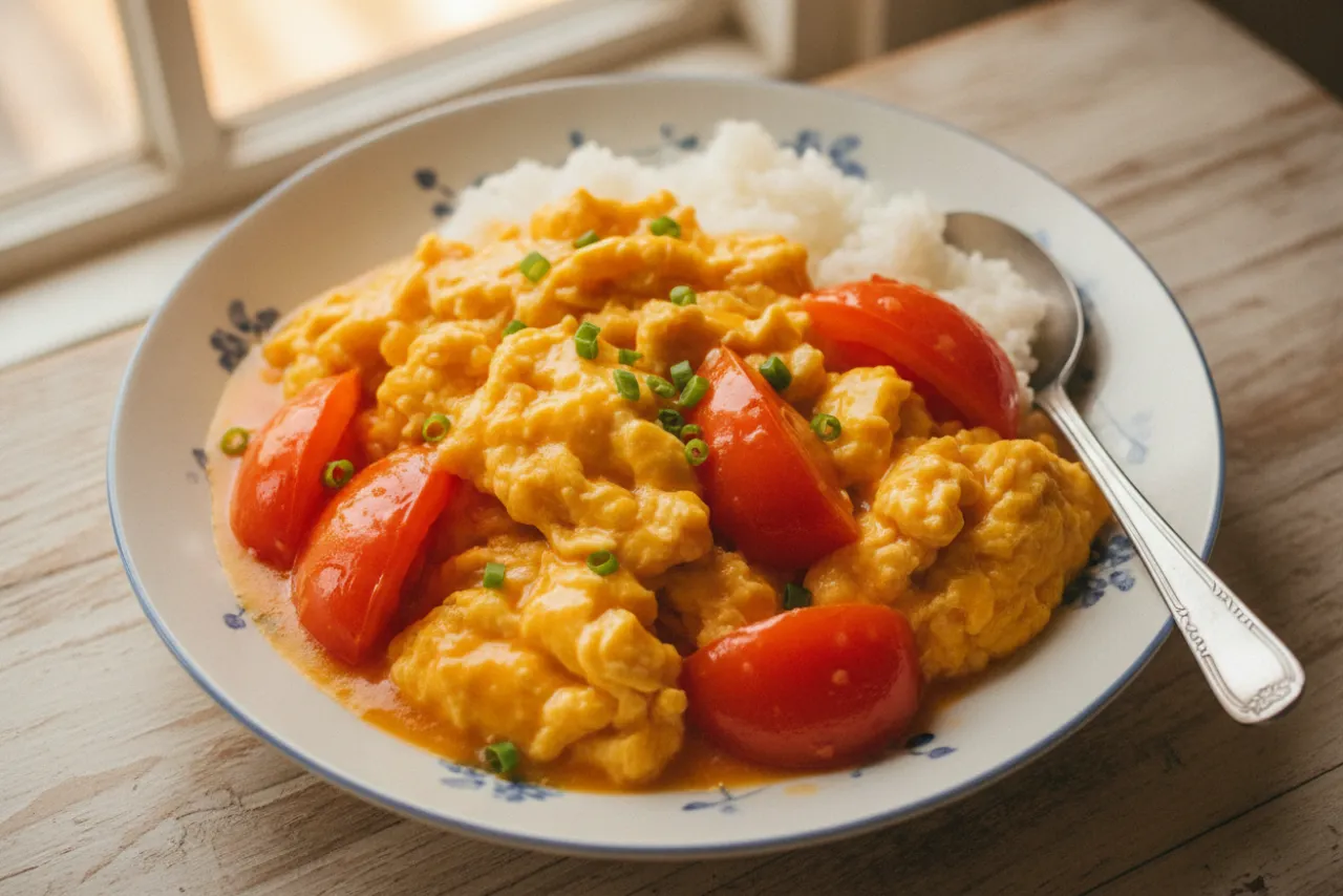 Tomato & Egg Stir-Fry — a easy family dinner chinese recipe with about 3g of fiber