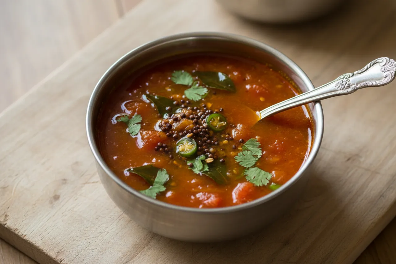 Tomato Rasam — Indian recipe, finished and plated