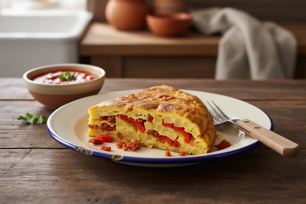 Tortilla de Chorizo y Pimientos — a Mediterranean breakfast spanish recipe with about 3g of fiber