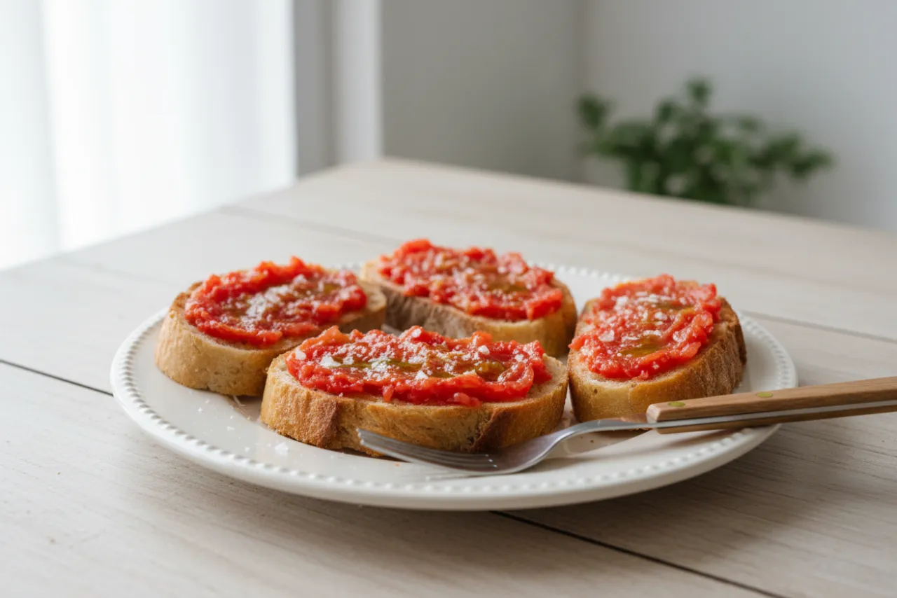 Tomato and Olive Oil Toast — Spanish recipe, finished and plated