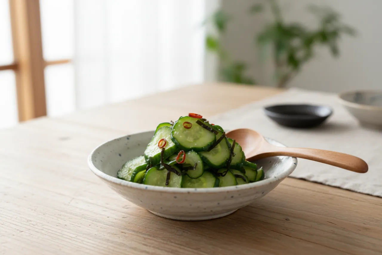 Quick Cucumber Tsukemono — Japanese recipe, finished and plated