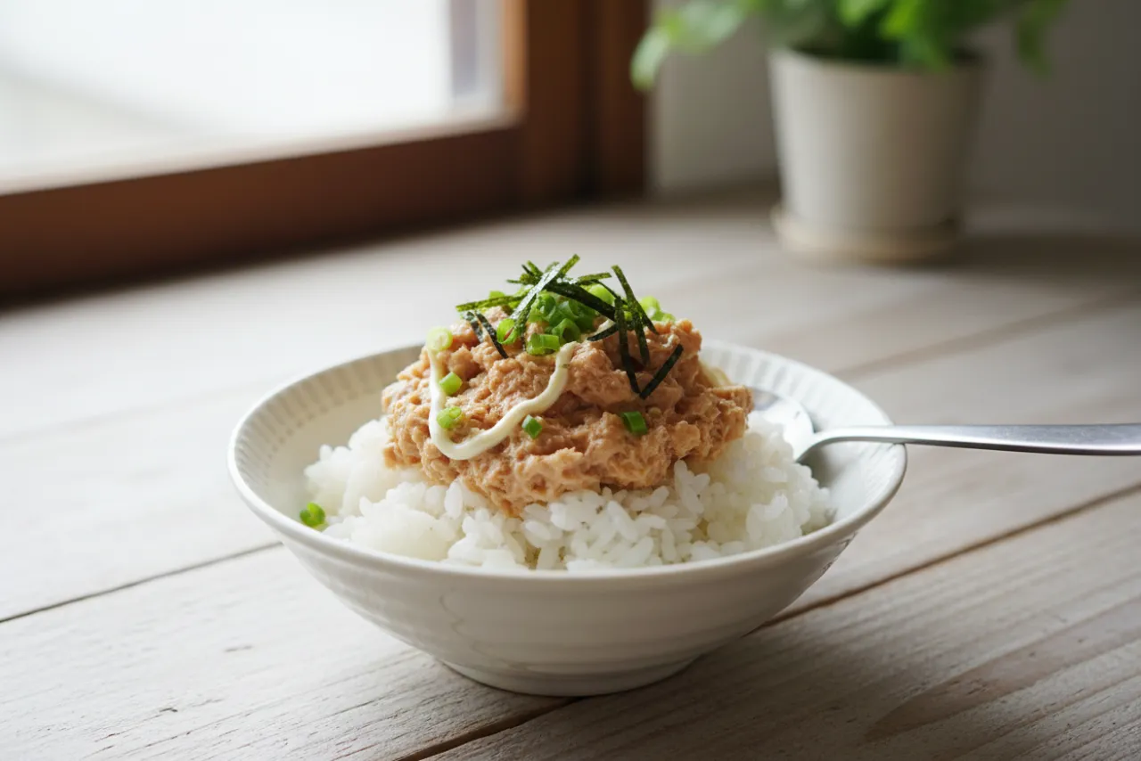 Tuna Mayo Rice Bowl — a meal prep japanese recipe with about 1g of fiber