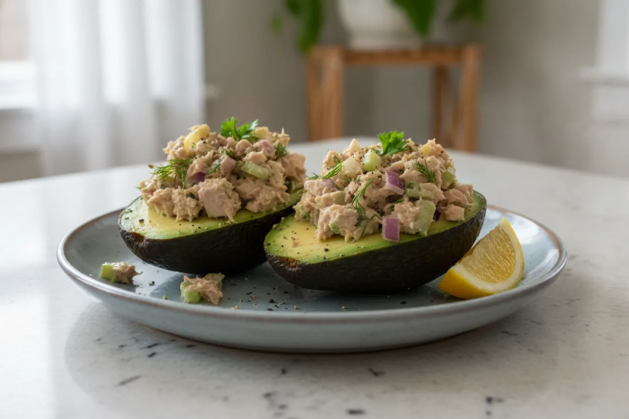 Tuna-Stuffed Avocados — American recipe, finished and plated