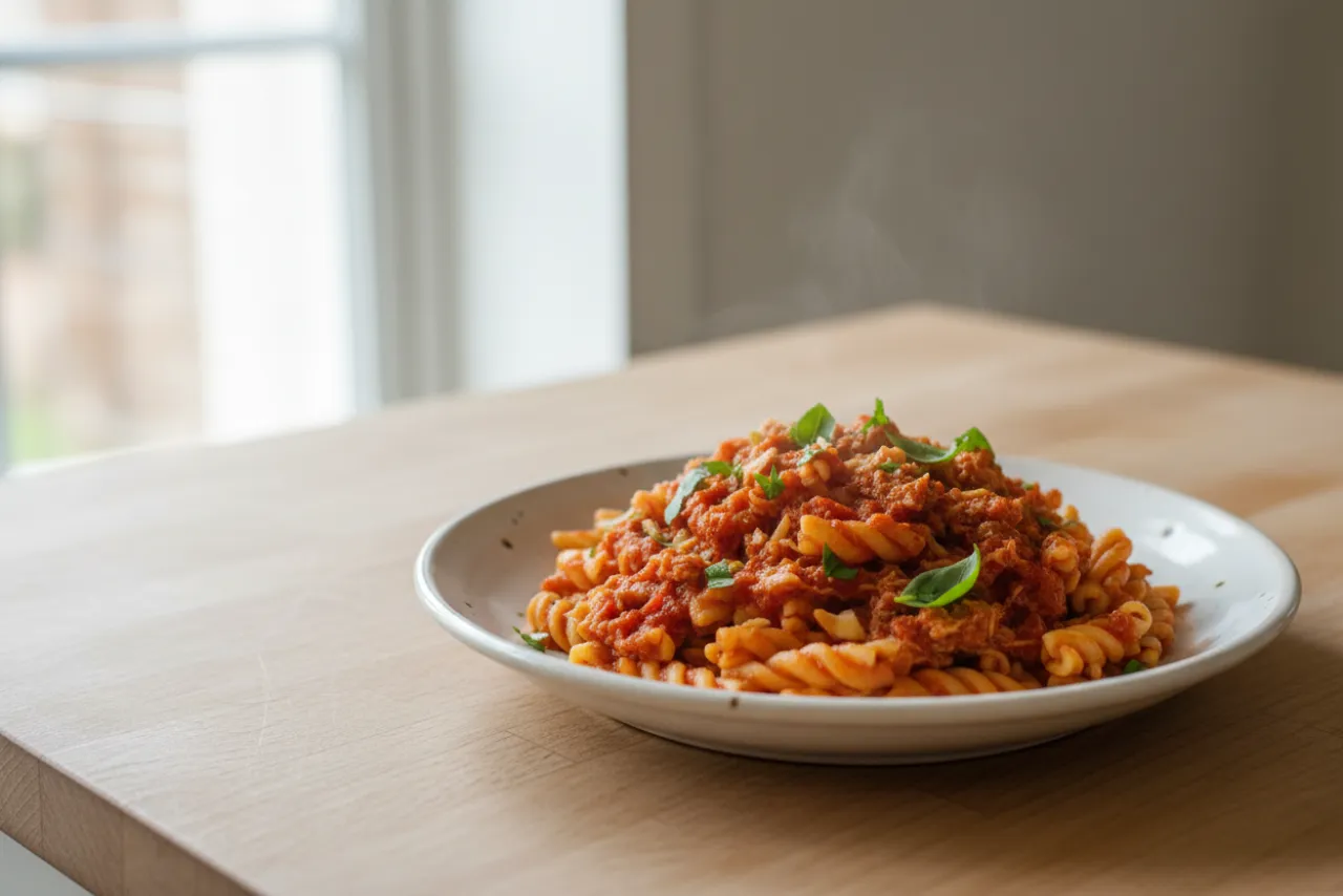 Tuna Tomato Pasta — a high-protein pasta italian recipe with about 8g of fiber