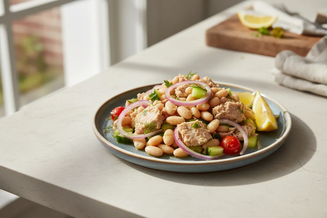Tuna & White Bean Salad — a high-fiber mediterranean meal with about 9g of fiber