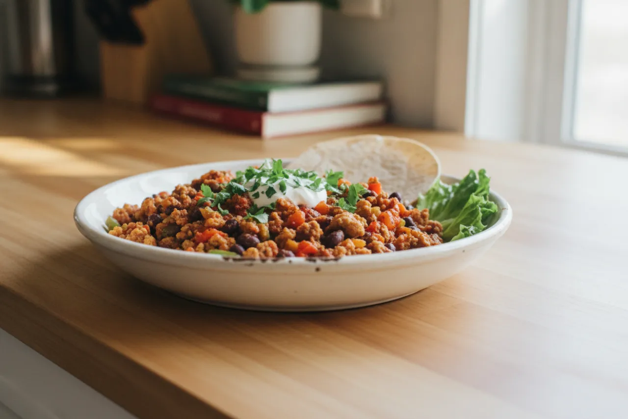 Turkey Taco Skillet — a high-protein high-fiber mexican recipe with about 10g of fiber
