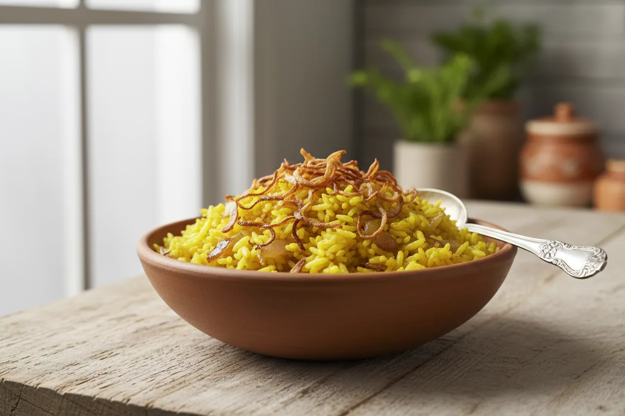 Haldi Pyaaz Pulao (Turmeric Onion Pilaf) — a one-pot indian recipe with about 3g of fiber