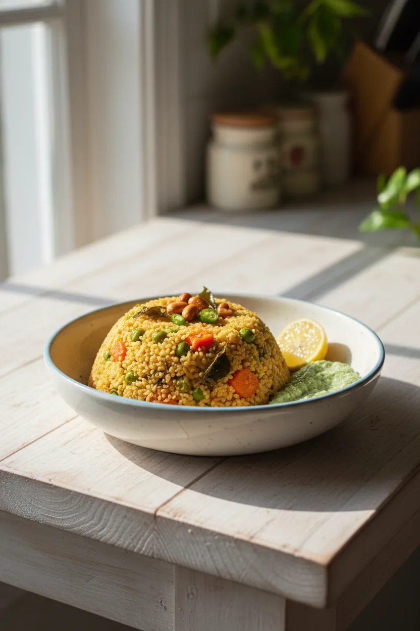 Vegetable Upma — Indian recipe, finished and plated
