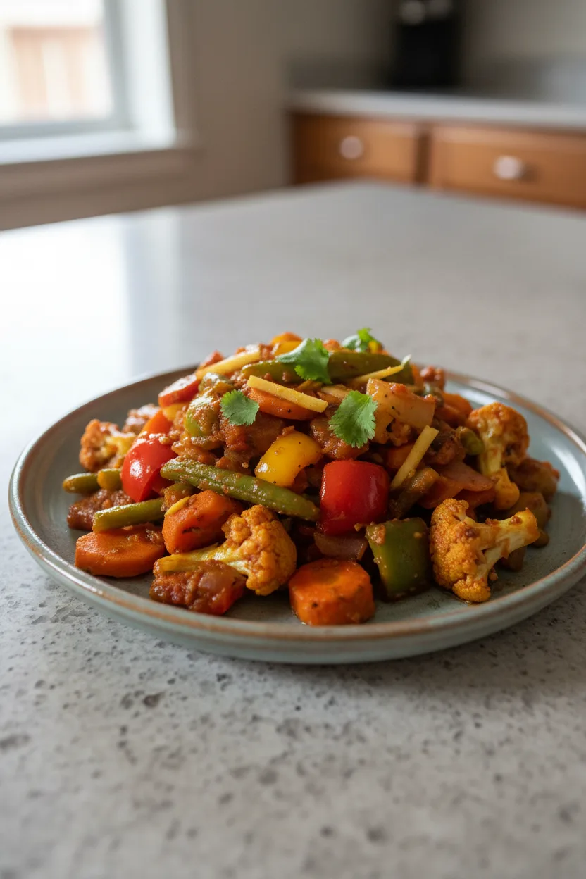 Vegetable Jalfrezi — Indian recipe, finished and plated