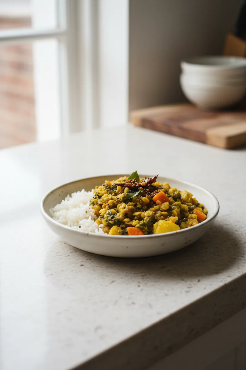 Vegetable Kootu — Indian recipe, finished and plated