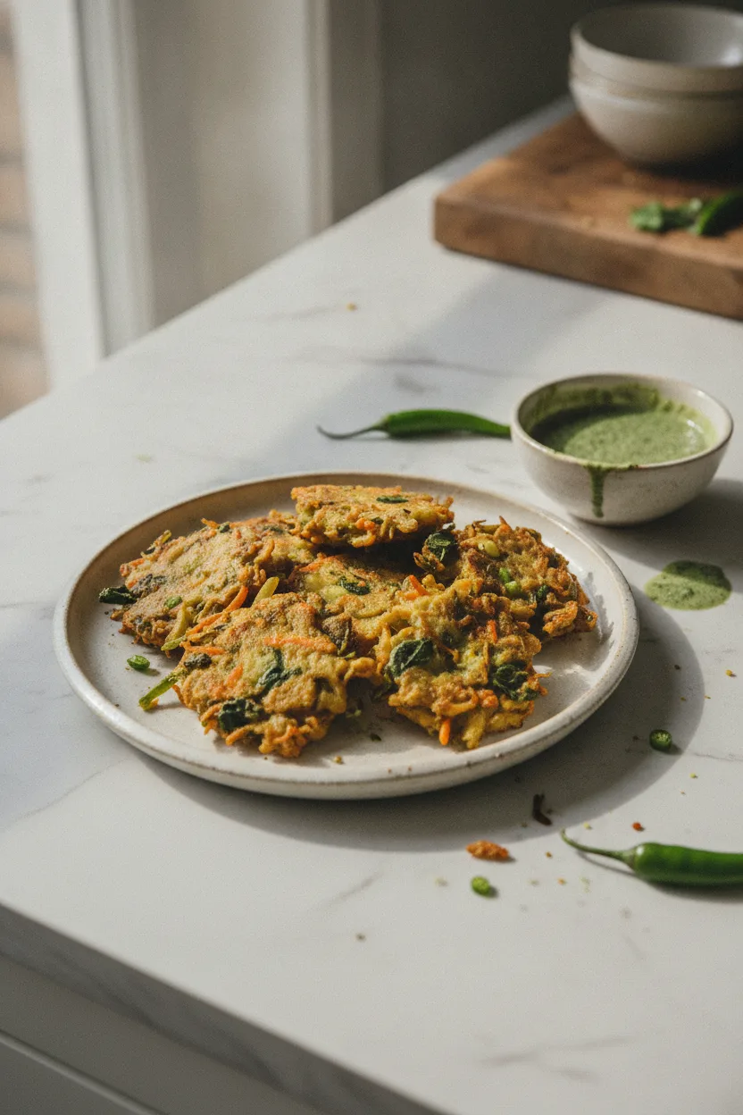 Vegetable Pakora — Indian recipe, finished and plated