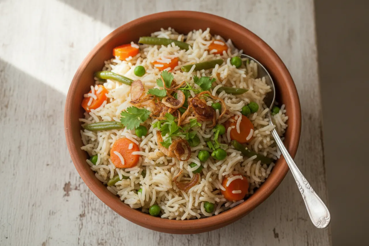Vegetable Pulao — Indian recipe, finished and plated