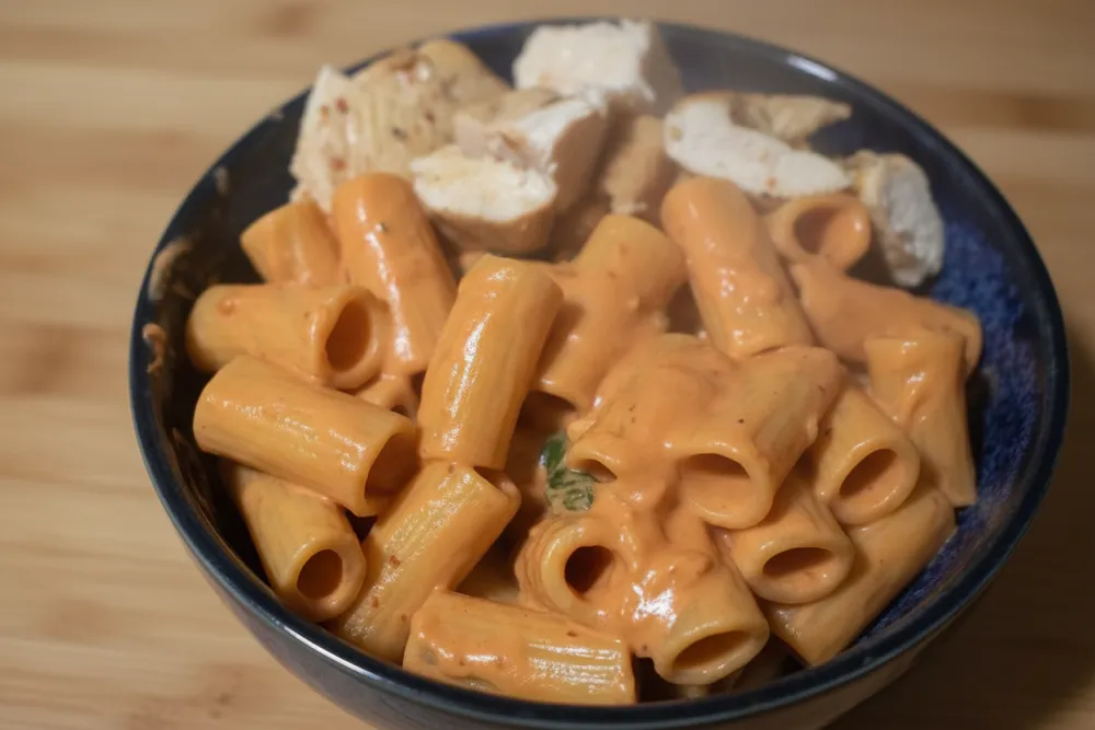 Vodka Rigatoni with Chicken — Italian recipe, finished and plated