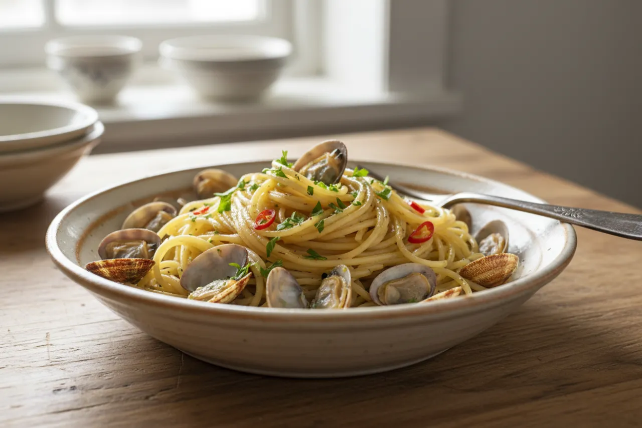 Spaghetti alle Vongole — a high-protein pasta italian recipe with about 4g of fiber