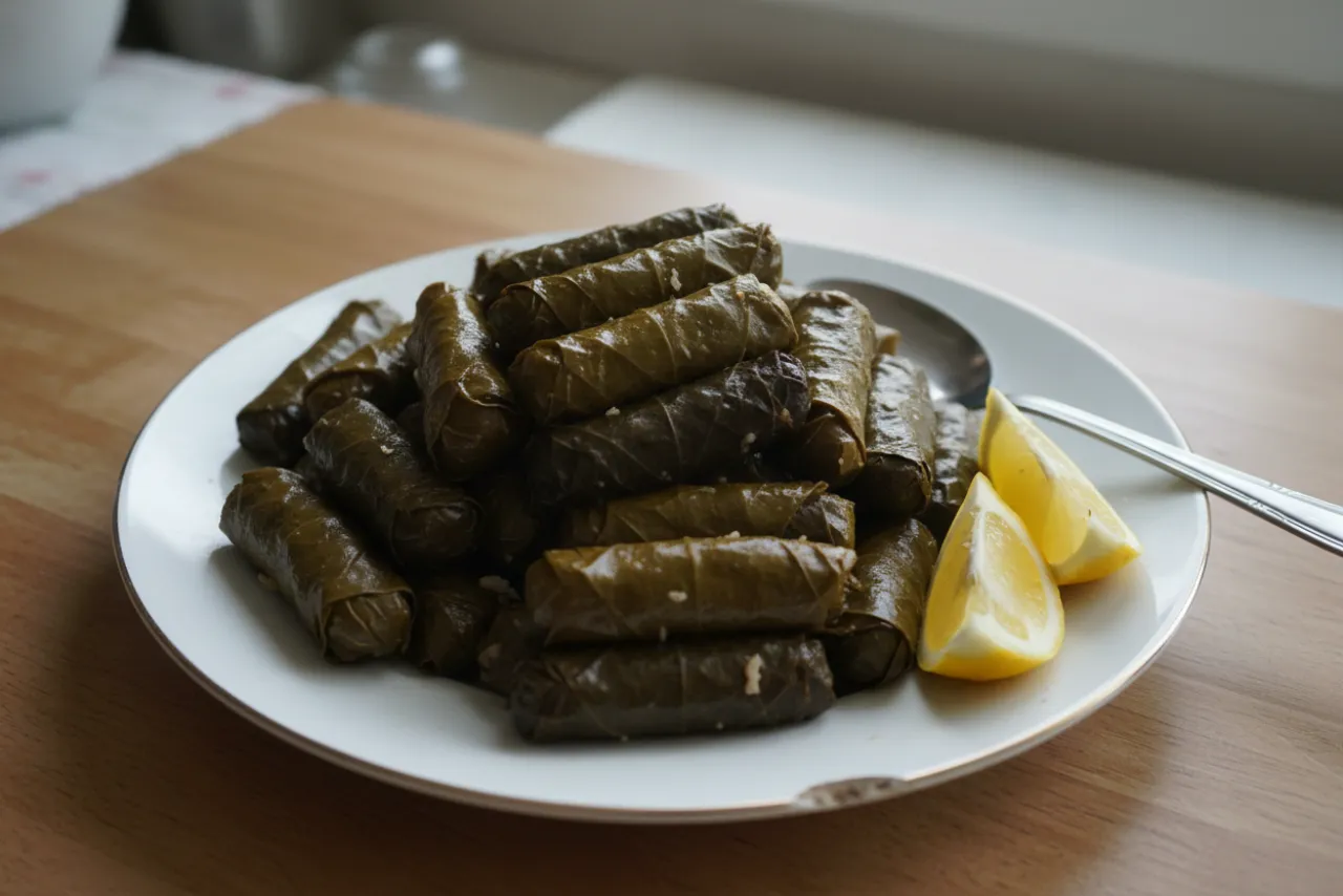 Warak Enab (Stuffed Grape Leaves) — Middle Eastern recipe, finished and plated