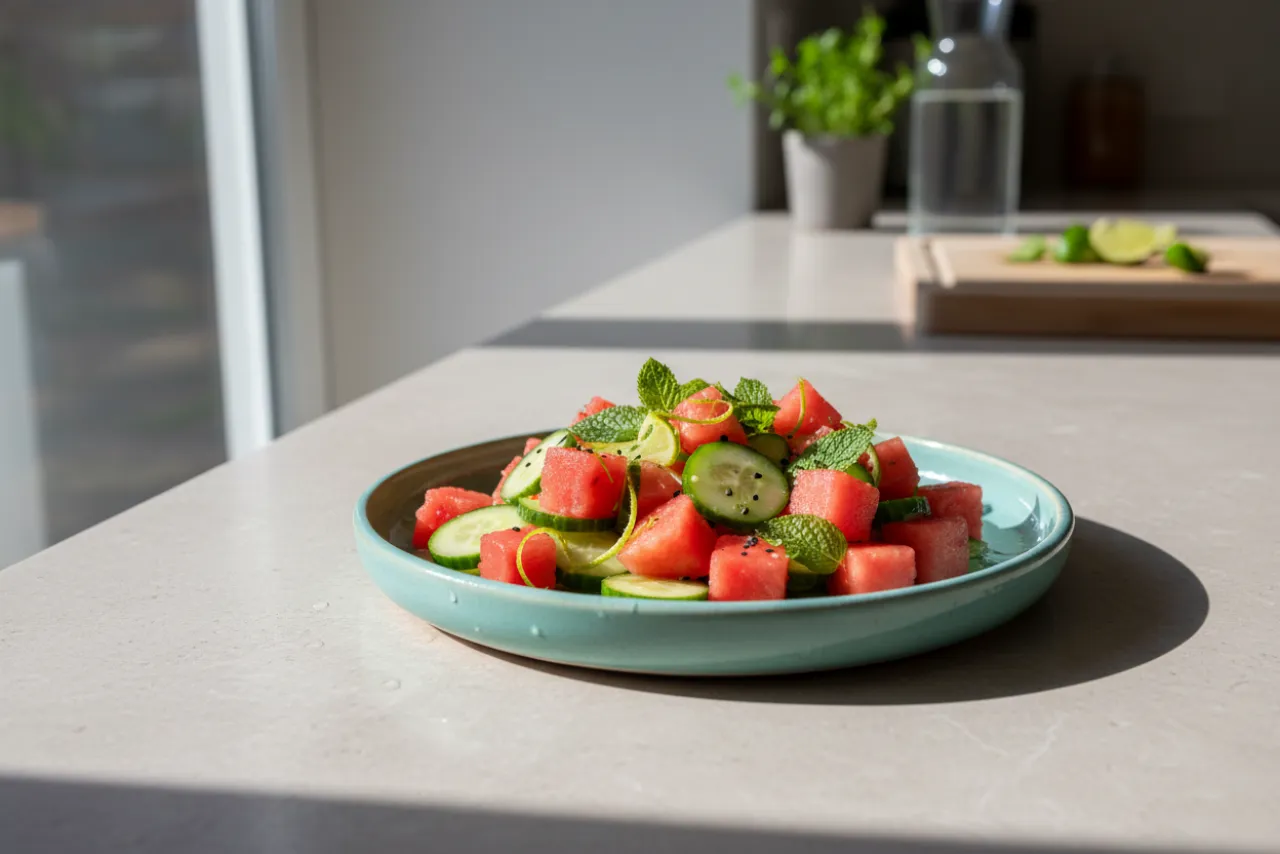 Watermelon & Cucumber Salad — Mediterranean recipe, finished and plated