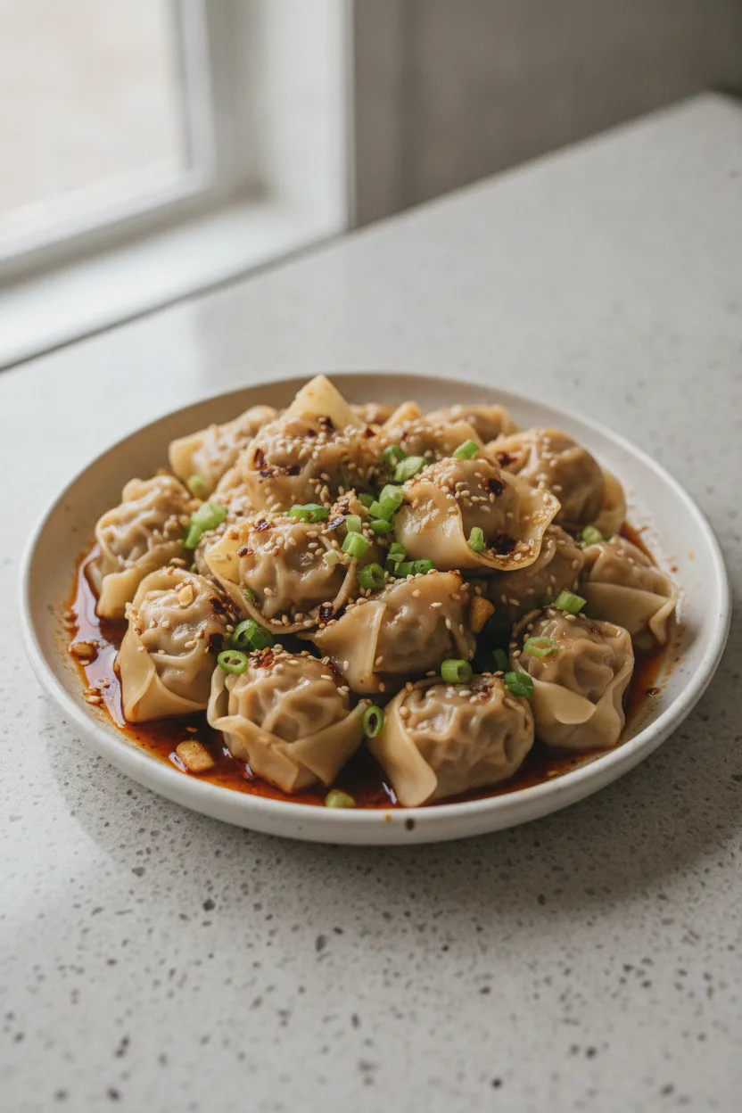 Wontons in Chili Oil — Chinese recipe, finished and plated