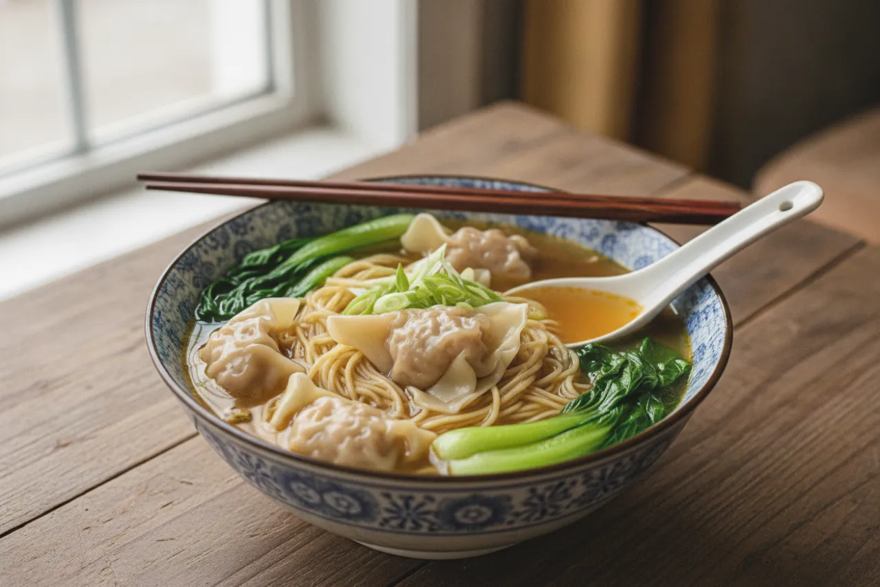 Wonton Noodle Soup — Chinese recipe, finished and plated