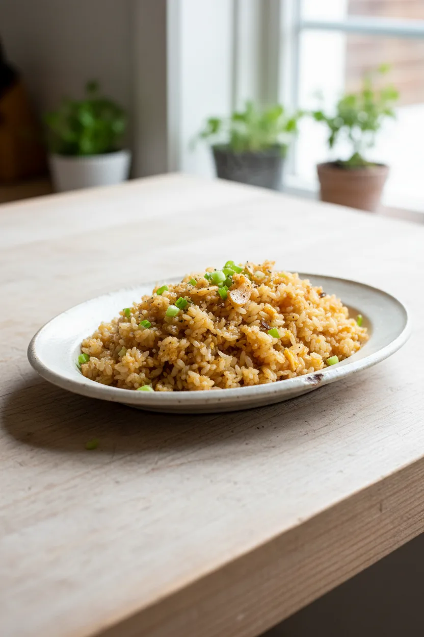 Yakimeshi (Garlic Fried Rice) — Japanese recipe, finished and plated