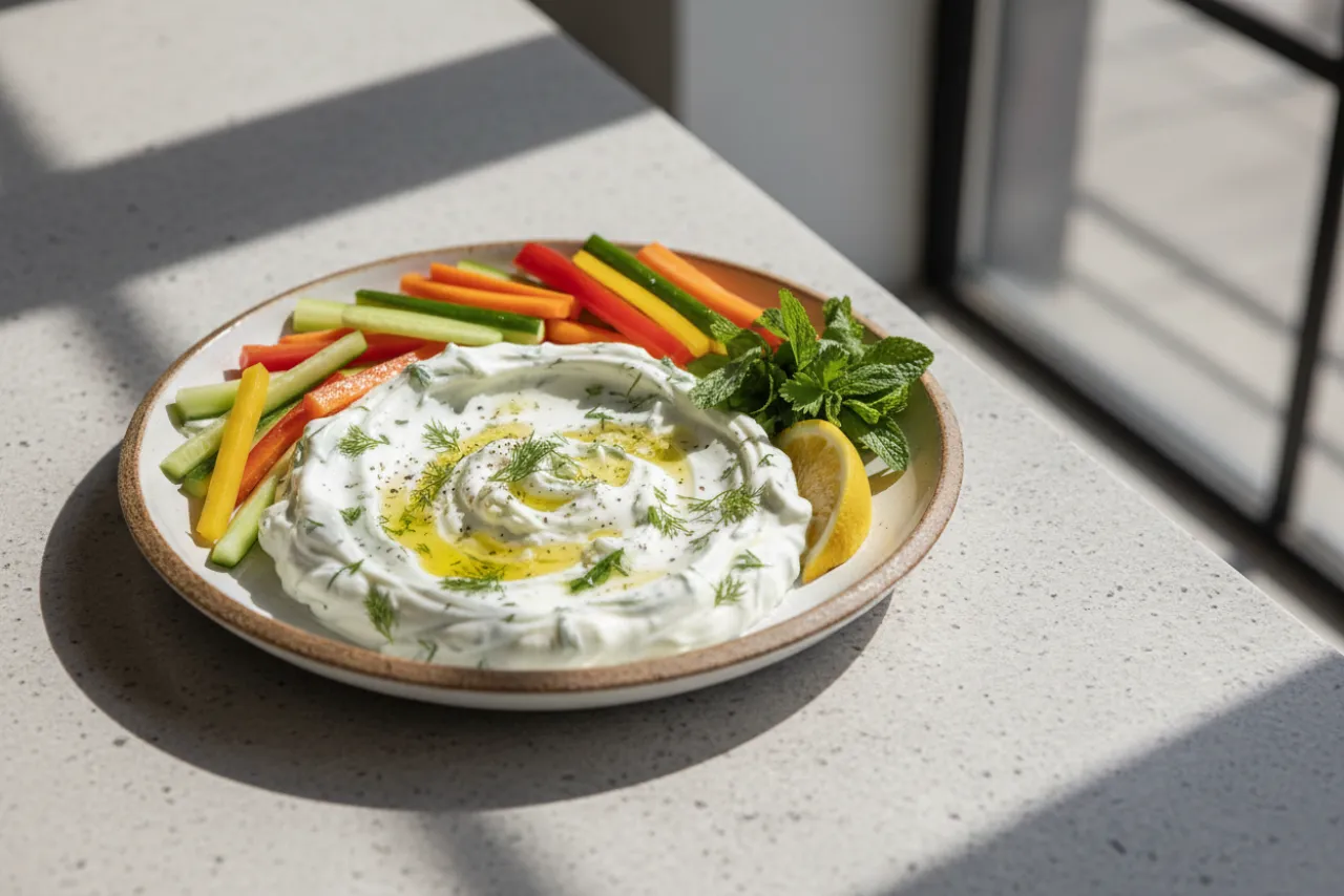 Yogurt Herb Dip — Mediterranean recipe, finished and plated
