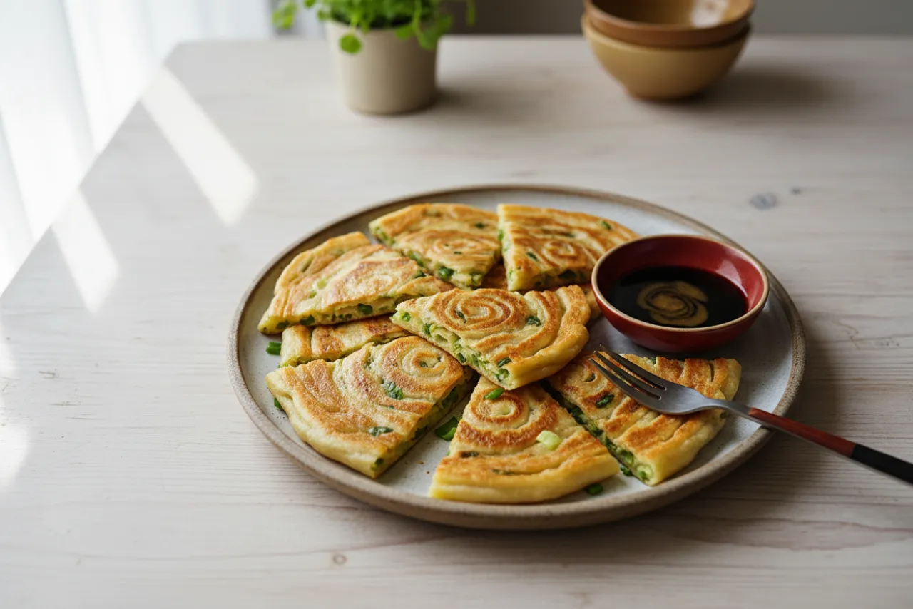 Quick Scallion Pancakes — Chinese recipe, finished and plated